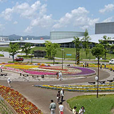 Blick über bunte Blumenbeete, im Hintergrund graue, moderne Häuserblocks