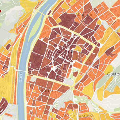Stadtplanausschnitt mit je nach Wärmebedarf unterschiedlich eingefärbten Wohnblöcken 