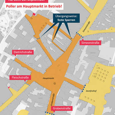 Kartenausschnitt der Innenstadt von Trier mit Standorten von Pollerlinien