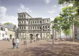 Die Grafik zeigt die Porta Nigra und ihren Vorplatz. Der Vorplatz ist mit rötlichen Ziegel glatt gekachelt. An der rechten Seite stehen Bäume.