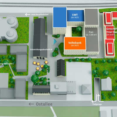 Lageplan des entstehenden Quartiers an der Ostallee mit dem neuen Standort des Gesudheitsamts. Abbildung: SWT